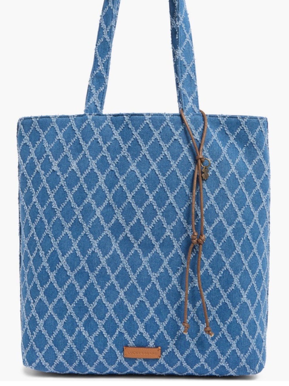 Lucky Brand Blue Patterned Diamond Denim Tote with Brown Leather Drawcord